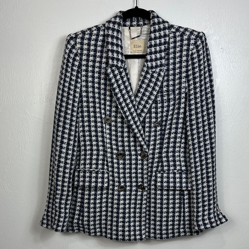 Elie Tahari Blue And White Tweed Double Breasted Blazer Size 8 - Picture 2 of 12